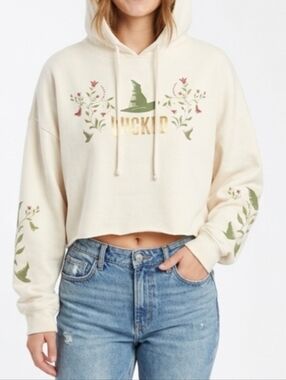 Wicked Movie Official Crop Hoodie Floral Witch Hat Gold Logo Cream XL